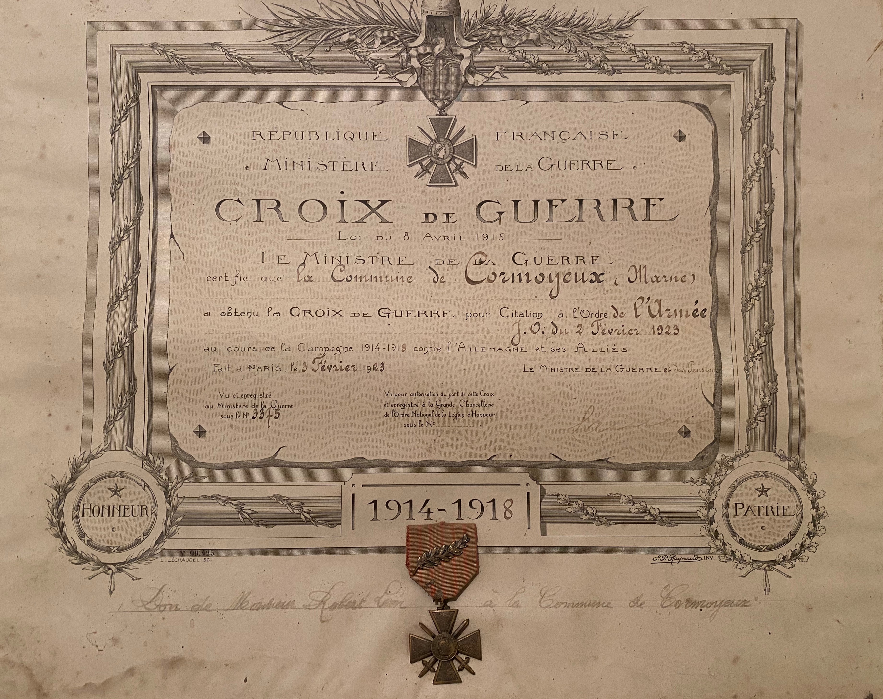 Croix de Guerre 1914-1918 décernée à la commune de Cormoyeux