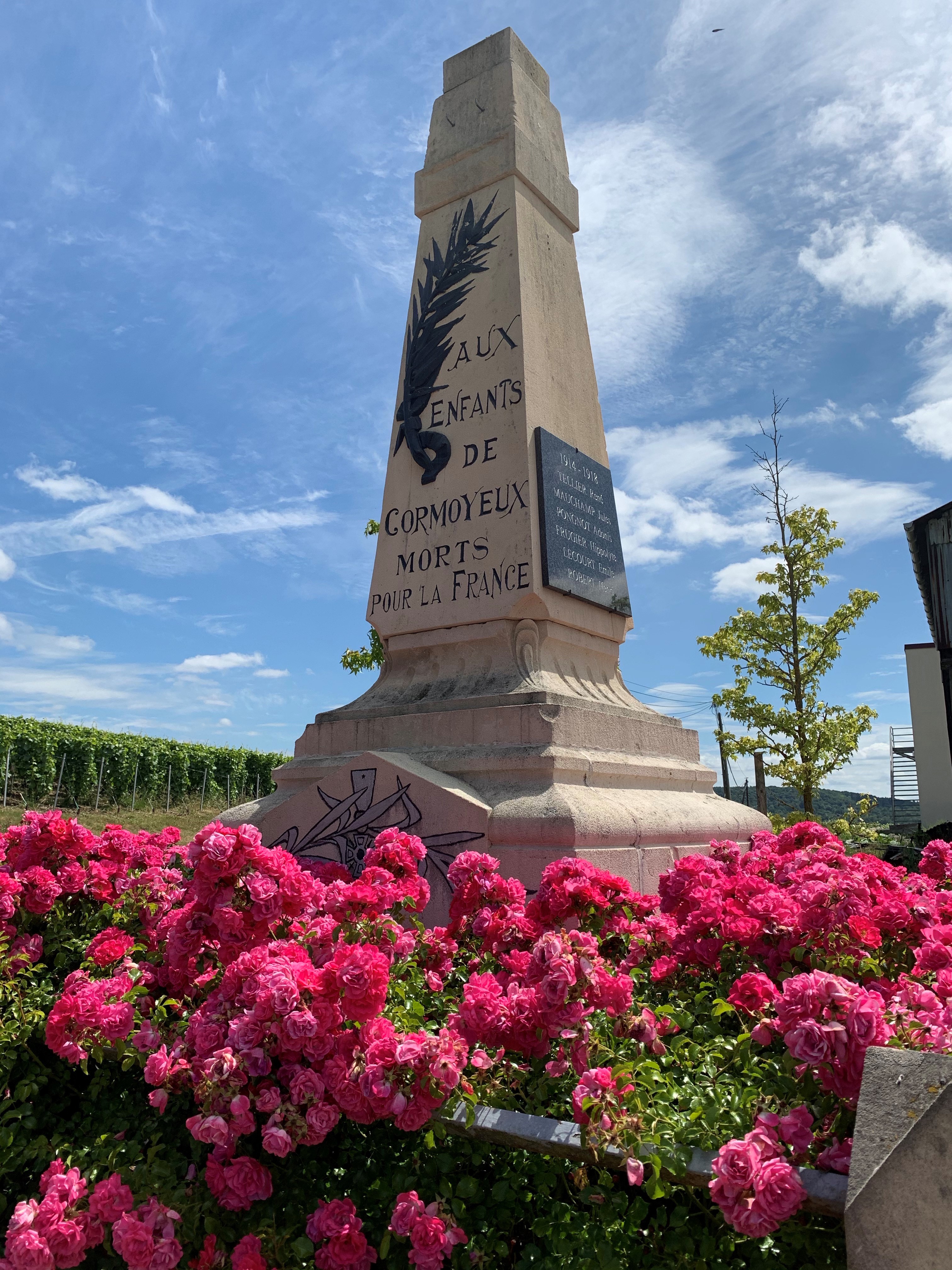 Monument aux morts de Cormoyeux, encadré de rosiers